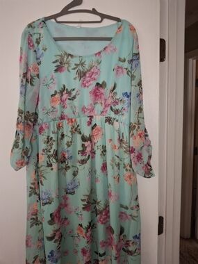 Pink Blush Vibrant Mint Floral Dress with Pink & Coral Blooms